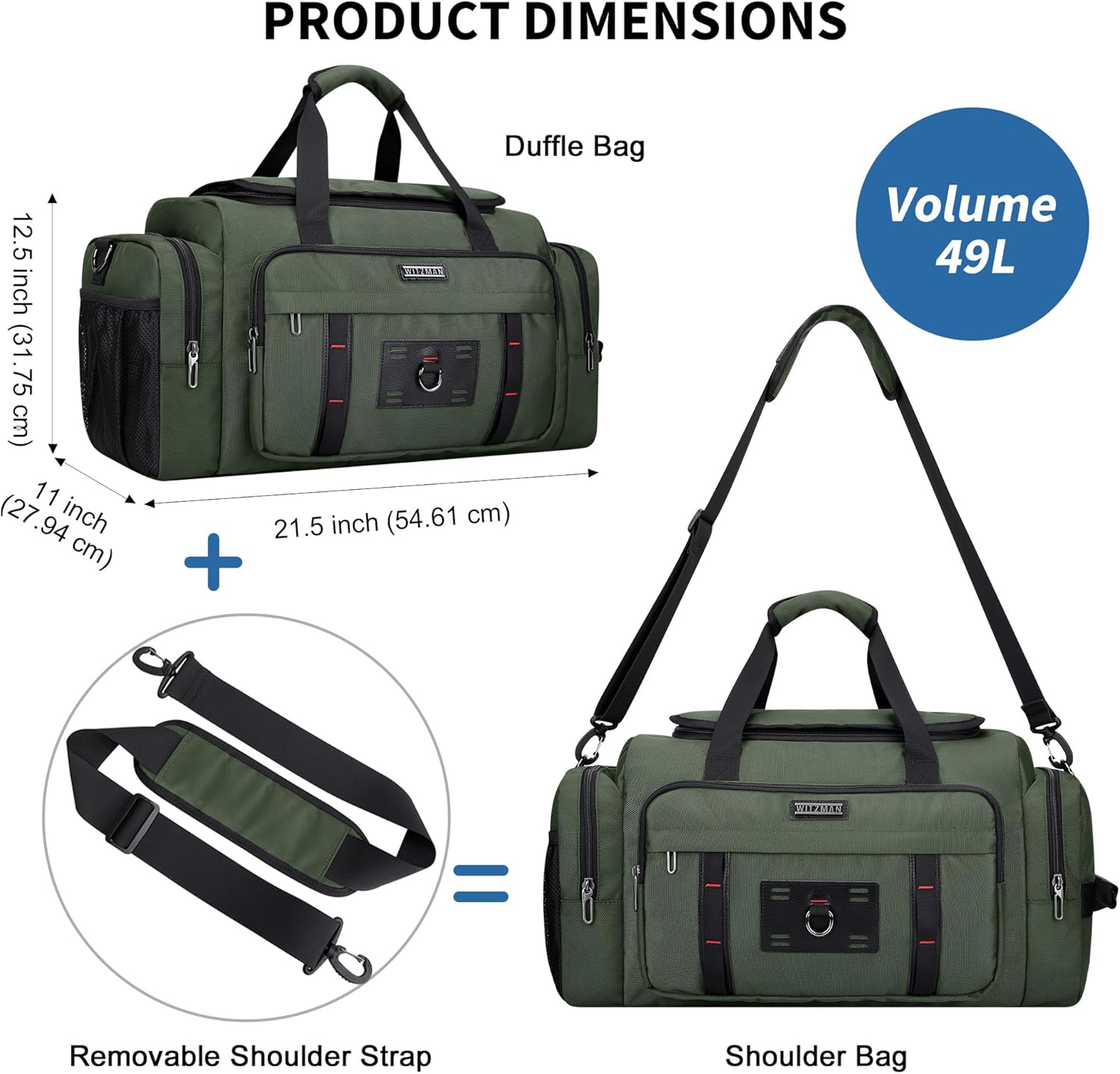 WITZMAN Duffle Bag for Men Large Overnight Carry On Weekender Bag with Shoe Compartment Sports Gym Duffle Bags for Traveling(B719 Army Green)