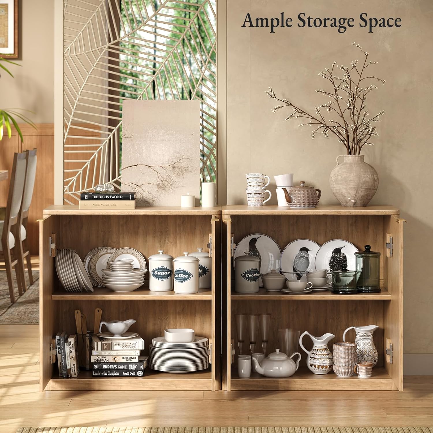 Evermagin 63" Oak Buffet Cabinet with Storage, Large Sideboard Cabinet, Boho Accent Credenza, Fluted Console Table with Doors for Dining Room, Kitchen, and Living Room