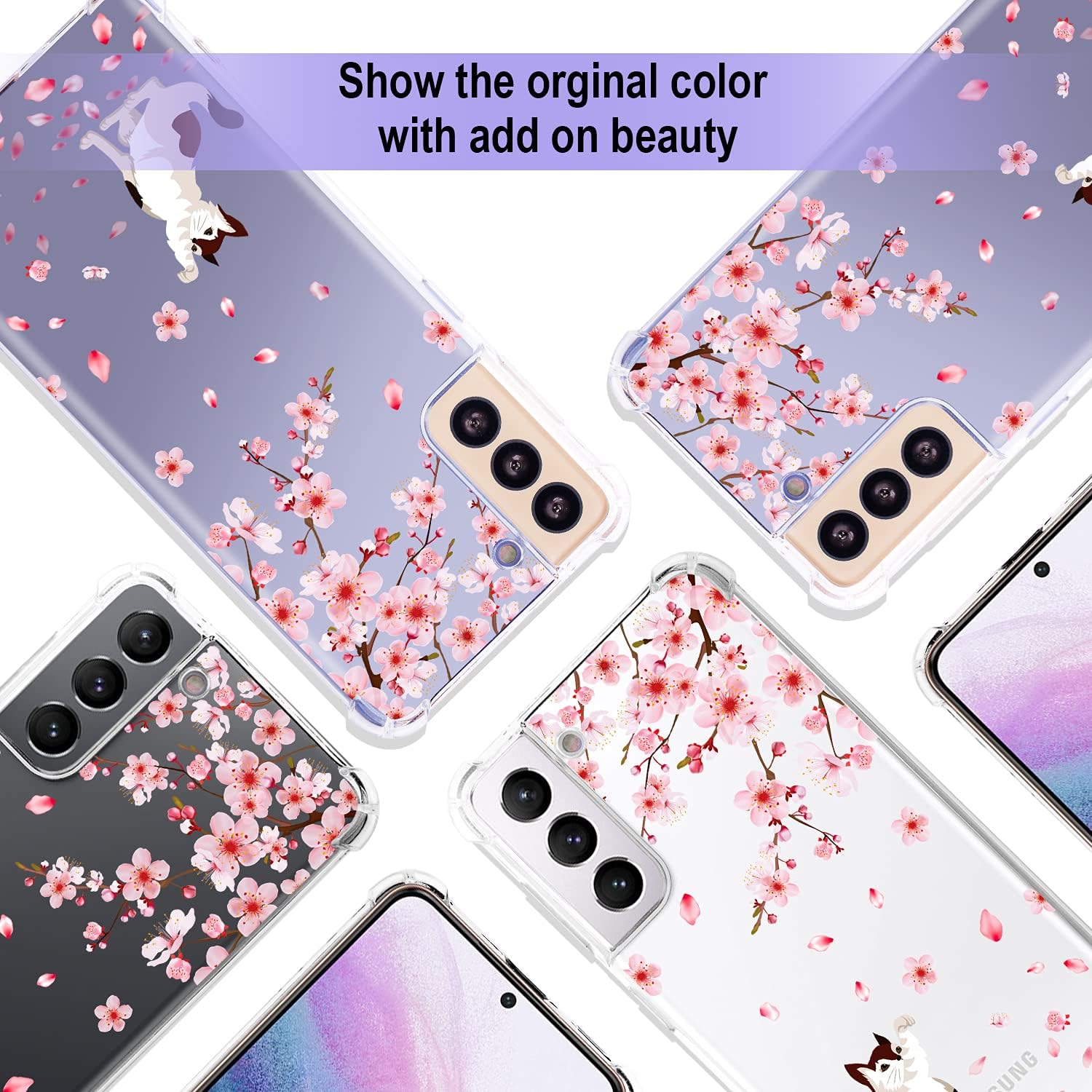 Compatible with Samsung Galaxy S21 5G 6.2 Inch Case 2021, Cat Cherry Blossom Clear Floral Design Soft TPU Plastic Flower Case with Bumper, Full Body Protection Flexible Shockproof Slim Cover