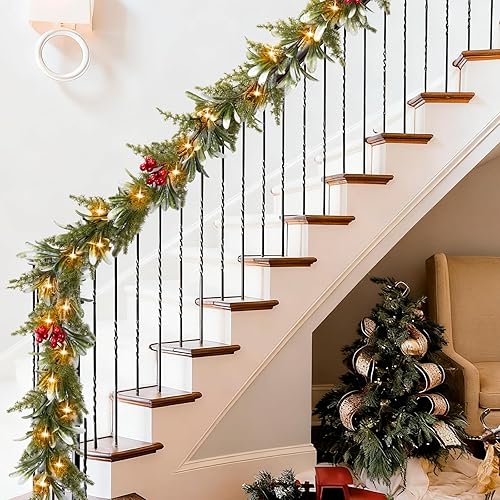 Miniatura 7 de Guirnalda de Navidad de 6.5 pies con 20 luces LED cálidas, guirnalda de Navidad iluminada preiluminada decorada con racimos de bayas rojas para