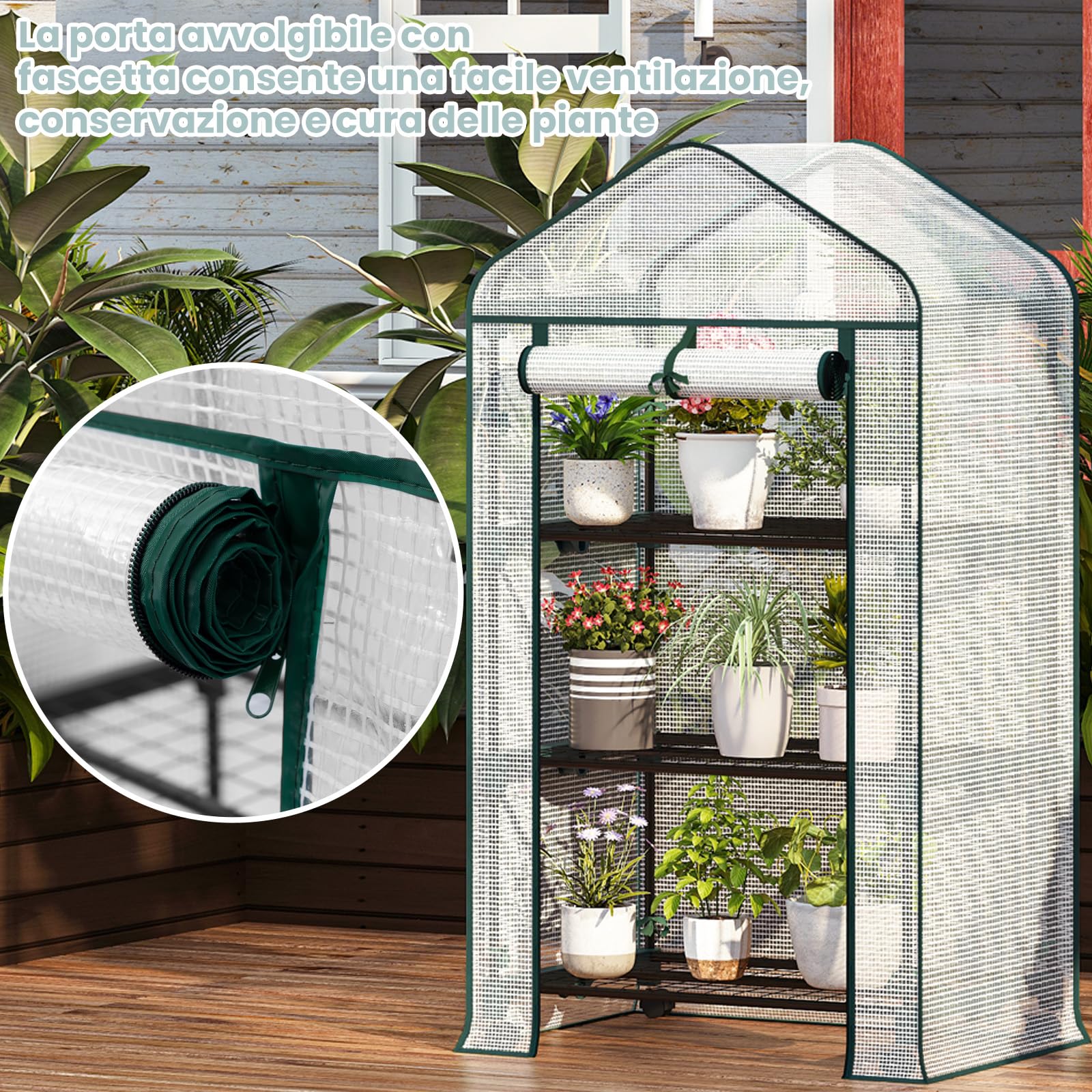 WOLTU Serra da Giardino, con Ruote, Serra da Balcone, 70x50x131 cm, Copertura in PE 140 g/m², Porta a Zip Avvolgibile, per Svernamento con 3/4 Ripiani, per Interni ed Esterni, Bianco