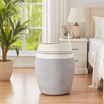 105L Extra Large Laundry Hamper, Woven Blanket Basket, Cotton Woven Laundry Basket Dirty Clothes Hamper with Handles for Living Room, Large Basket Pillows, Blankets, Clothes-Gradient Grey