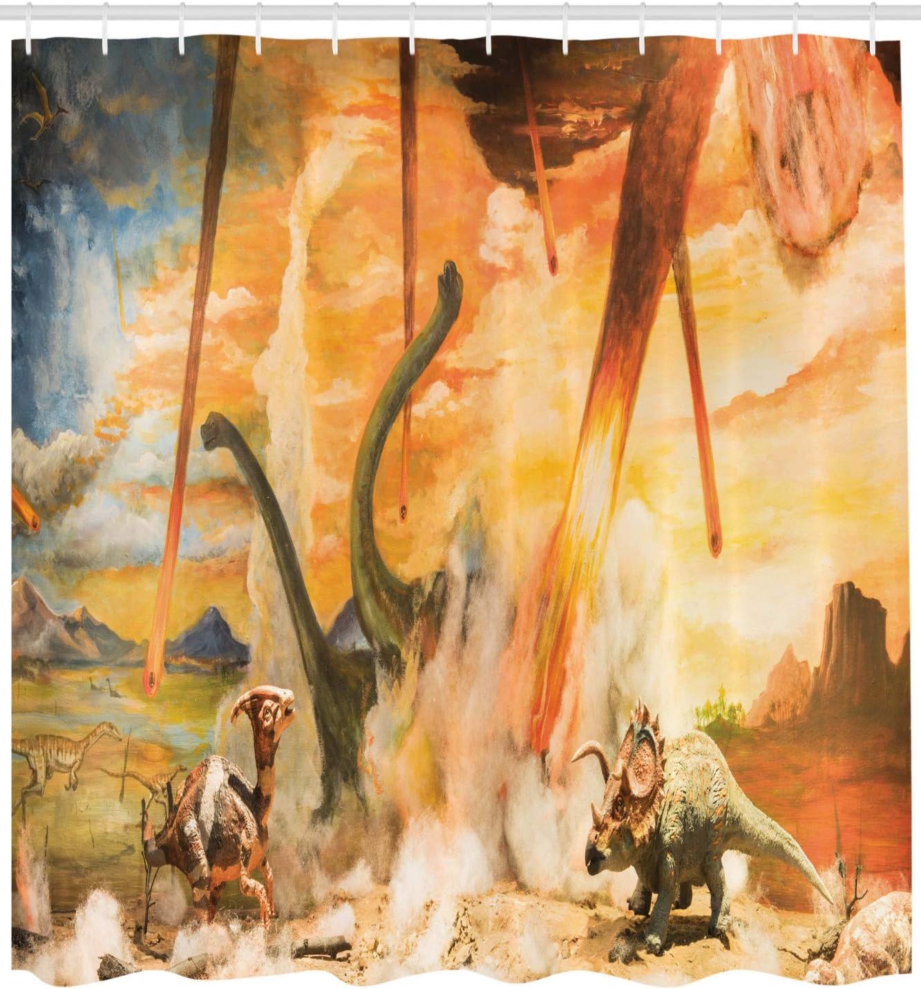 Ambesonne Jurassic Shower Curtain, Dinosaurs Escaping Dying with Meteorite by Crash a Heat of Natural Disaster Illustration, Cloth Fabric Bathroom Set with Hooks, 69" W x 70" L, Avocado Green Salmon