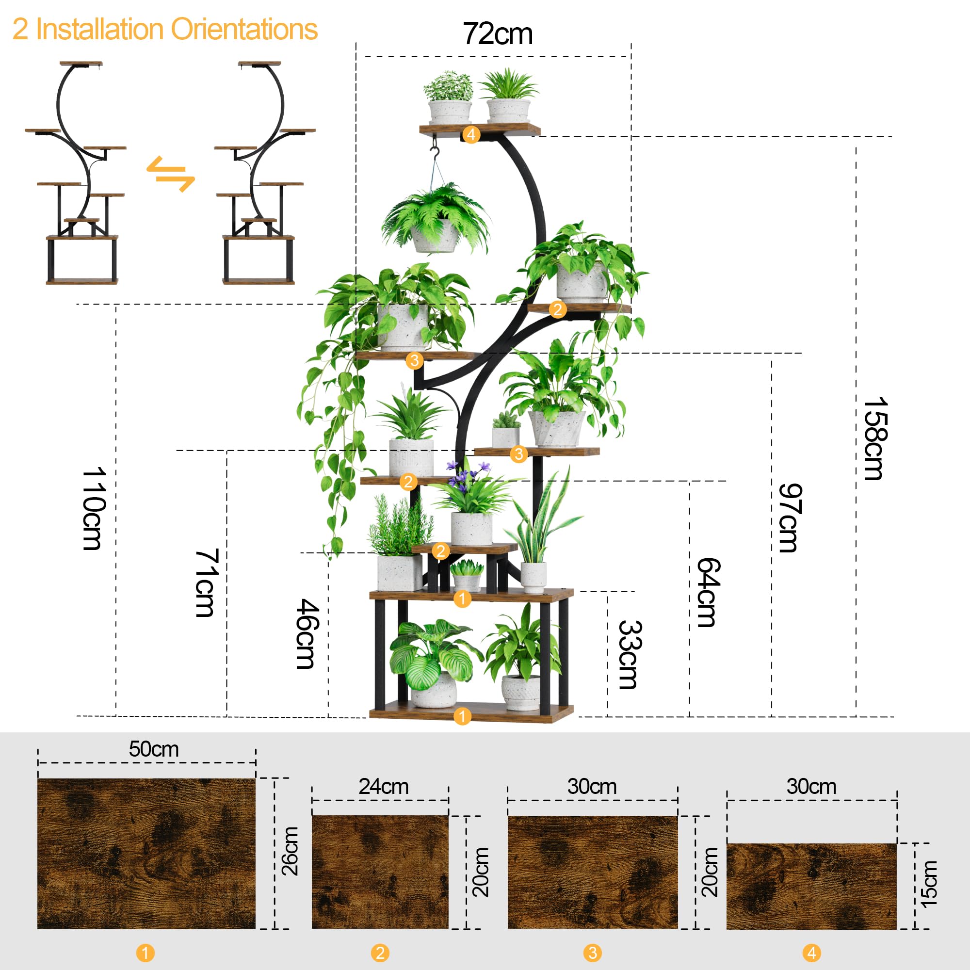 BACEKOLL Support pour Plantes d'Intérieur à 8 Niveaux - 157,5 cm de Haut, en Métal, Forme S pour Maison et Terrasse (Noir)