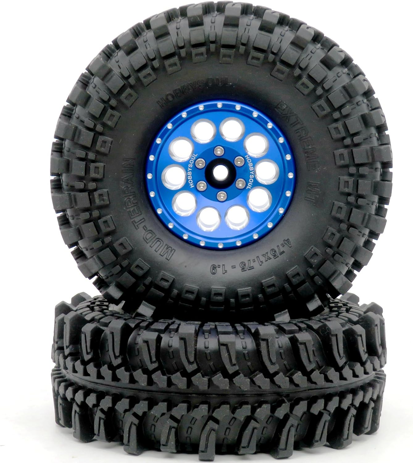 HOBBYSOUL 4pcs RC 1.9 Mud-Terrain Tires Mounted on 1.9 Beadlock Wheels Blue, 1.9 XL Tires 4.75" (121mm) and 1.9 Wheels Fit RC Crawler Redcat Gen8 Traxxas TRX-4 RC4WD D90 Tamiay CC01 Axial SCX10