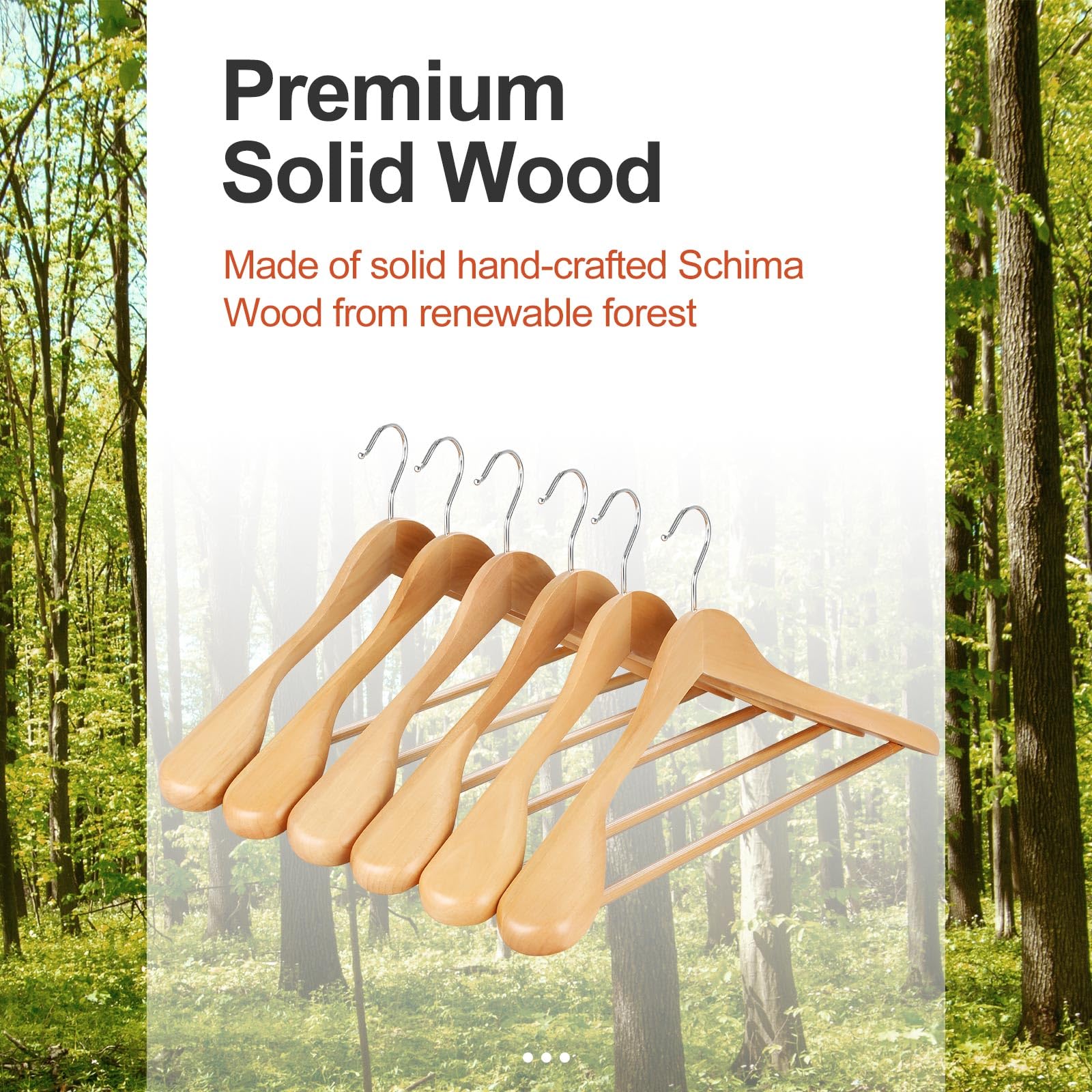 TOPIA HANGER Kleiderbügel aus Holz, breite Schulterbügel, Anzugbügel mit rutschfester Hosenstange und 360° drehbarem Haken, massives Holz, robuster Kleiderbügel, 6 Stück (Natur) - CT02NA