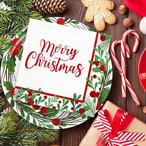 Miniatura 5 de AnyDesign - Juego de 75 platos de Navidad, servilletas de acuarela, platos de papel desechables de Feliz Navidad, servilletas, plantas, vajilla de