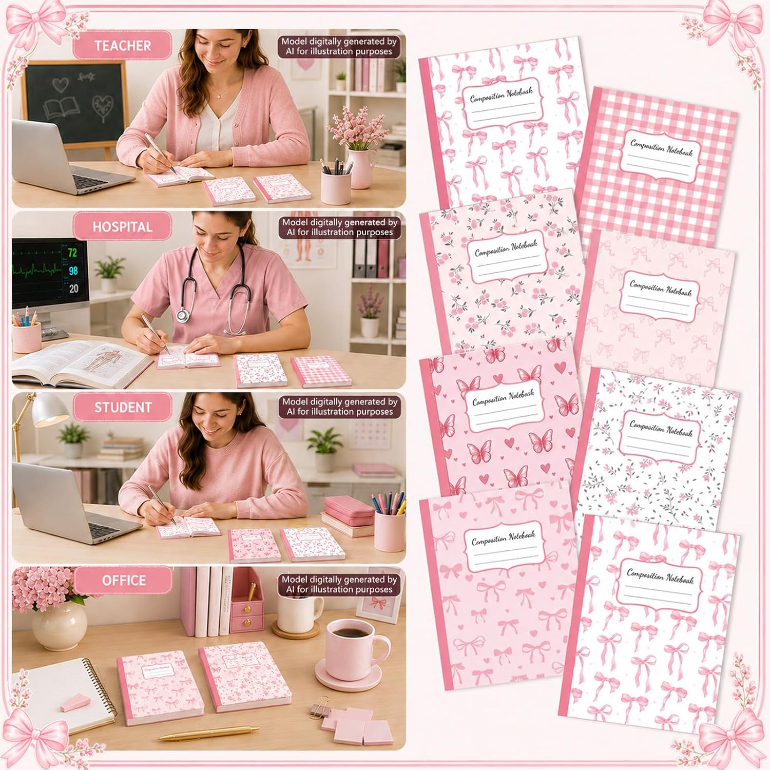 40 Pcs Pink Bow Composition Notebooks Bulk Narrow Ruled 4.5 x 3.25'' image 5