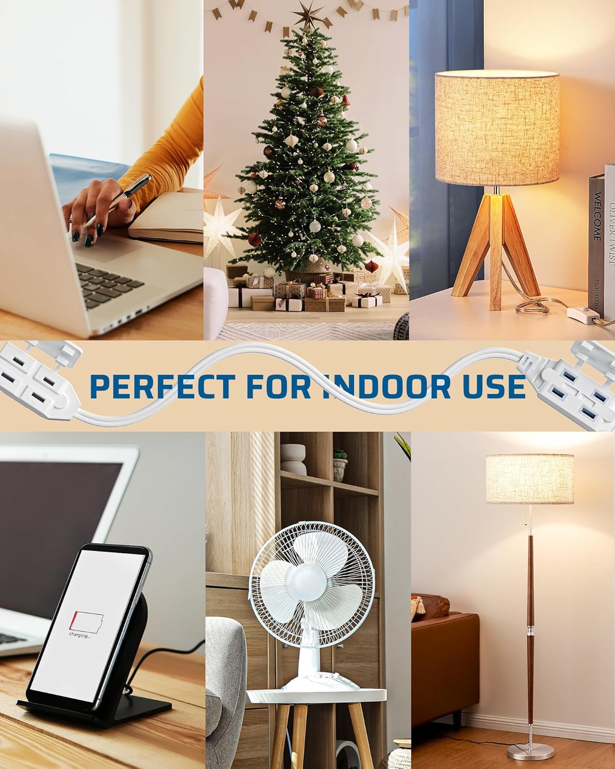 DEWENWILS 2 Prong Extension Cord 6 Ft, 3FT + 3FT Indoor Extension Cord, 2 Groups 3 Polarized Outlets with Safety Cap Protect for Home Office, White, 16/2 SPT-2 ETL Listed, 2 Pack