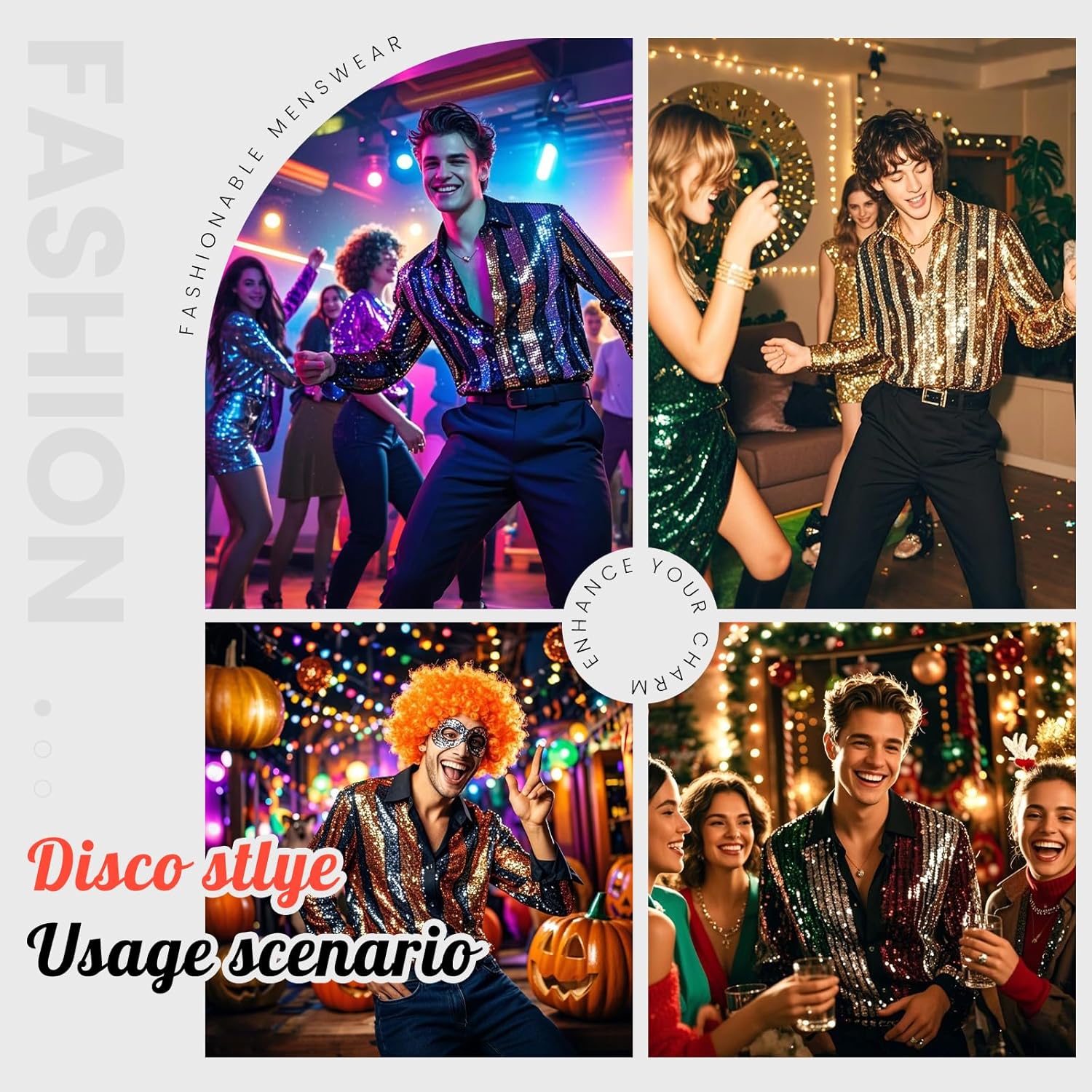 AOTORR Men's 70s Costume Disco Shirt Long Sleeve Button Down Party Nightclub Prom Sequins Tope - Image 4