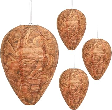 DECYOOL 4 Pack Paper Fake Wasp Nests Decoys for Yellow Jackets and Outdoor | Handmade Paper Hive Model, Realistic Beehive Decoration, for Eaves/Courtyard/Pool Areas, Hanging Design, Easy Mount