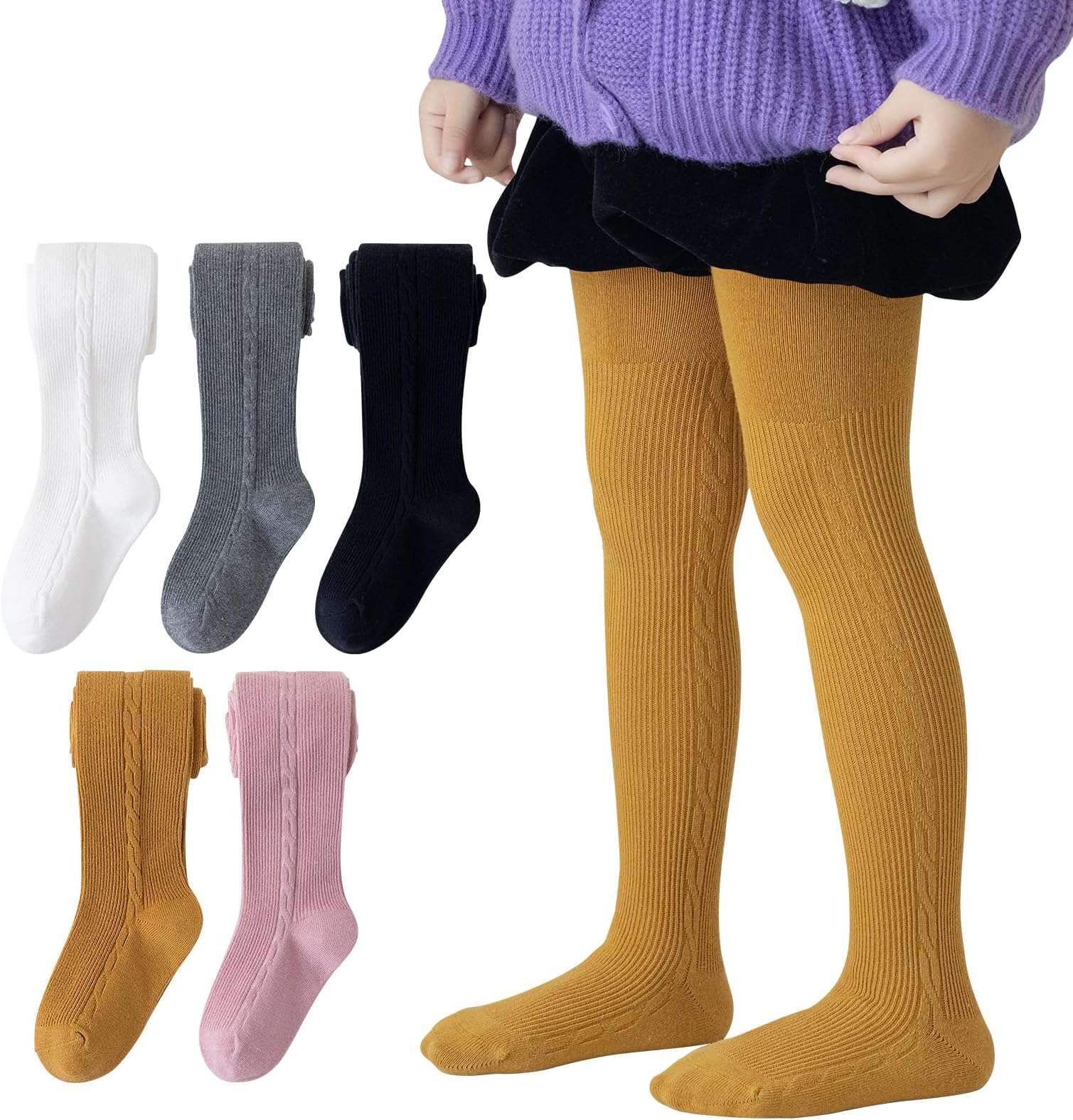 Meeshine Baby Girls Cable Knit Tights Toddler Cotton Footed Leggings Solid Seamless Thick Stocking Pants,5 Pack