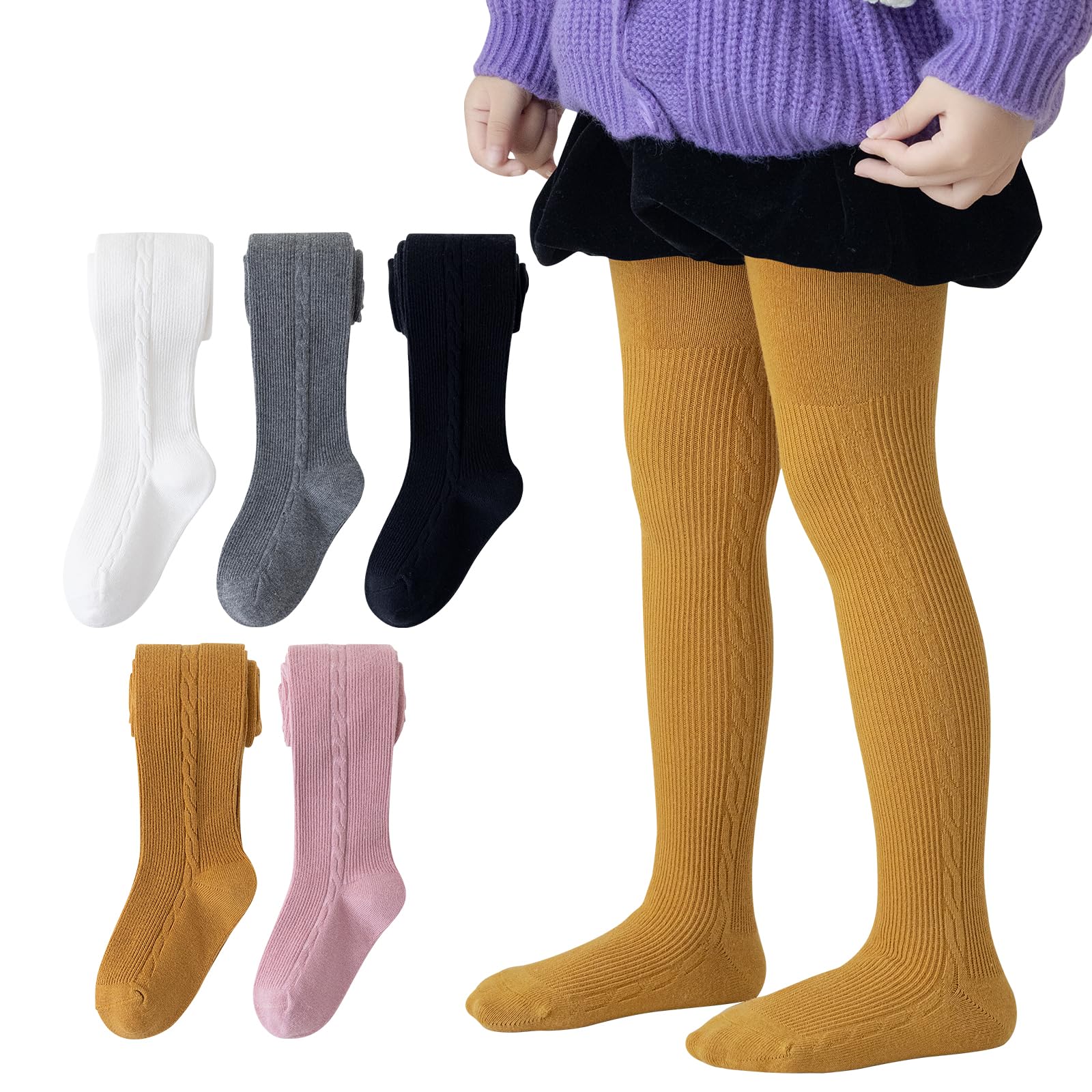 Meeshine Baby Girls Cable Knit Tights Toddler Cotton Footed Leggings Solid Seamless Thick Stocking Pants,5 Pack