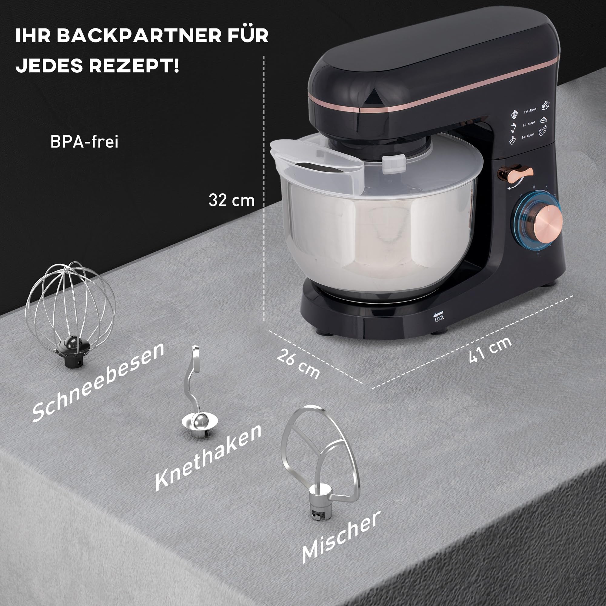HOMCOM Robot de cocina de 1400 W con velocidad de 6 + P, amasadora con cuenco de acero inoxidable de 5,5 L, con gancho para amasar, protección contra salpicaduras, batidor, gancho para mezclar
