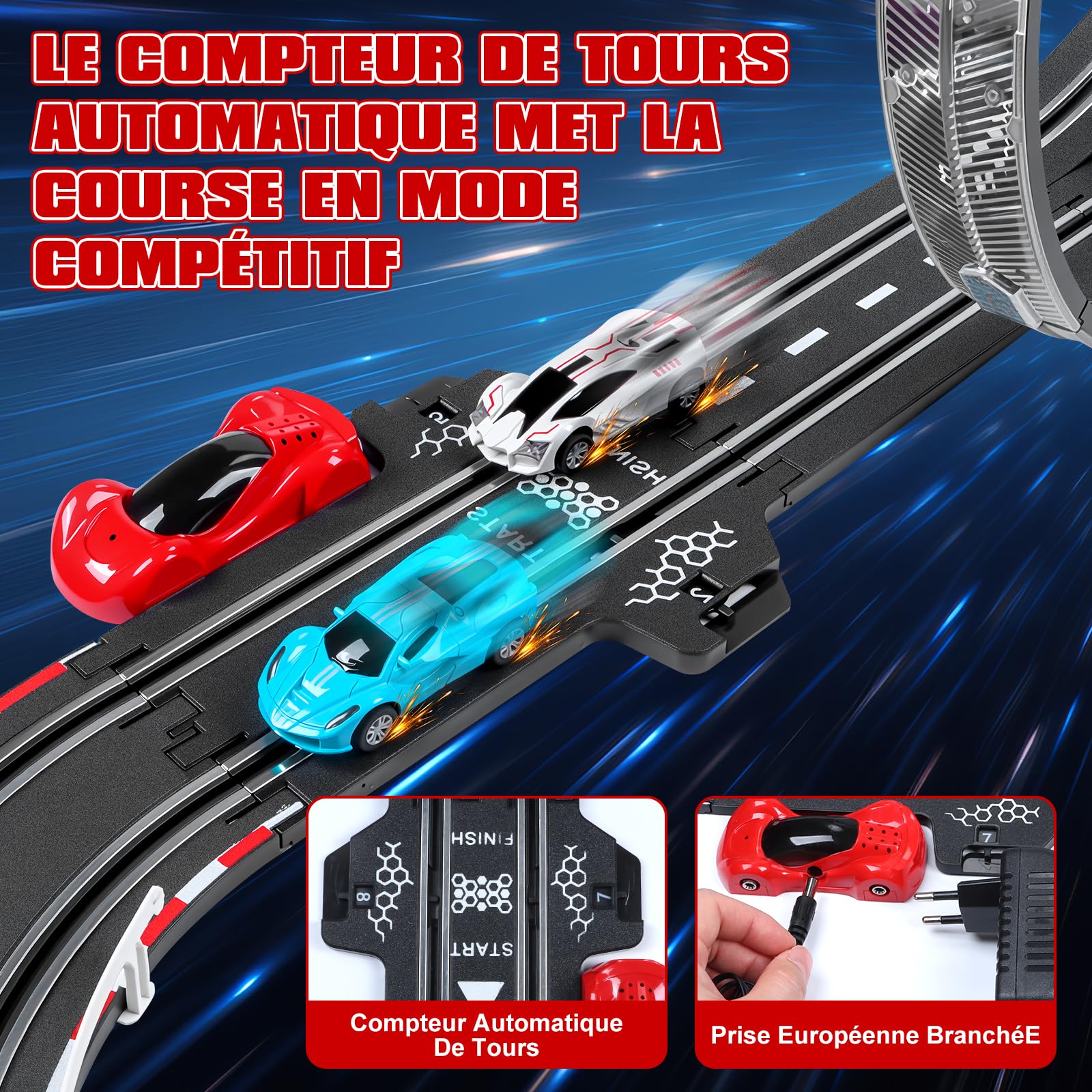 Circuit Voiture Electrique, Lumineuse Circuit Voiture Enfant 1:64 Piste De Course - 4 LED Voitures, 360° Cercle, Prise, Compteur de Tours, Piste Voiture Enfant 6-12 Ans Jouets Cadeau (S)