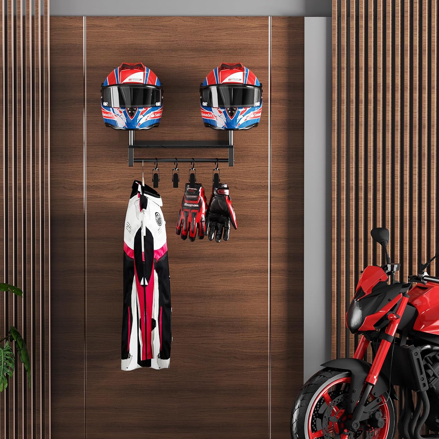 Motorcycle Helmet Holder Wall Mount, Helmet Rack with 4 Glove Clips, Motorcycle Gear Rack Storage, Motorcycle Accessories Organizer for Entryway or Garage