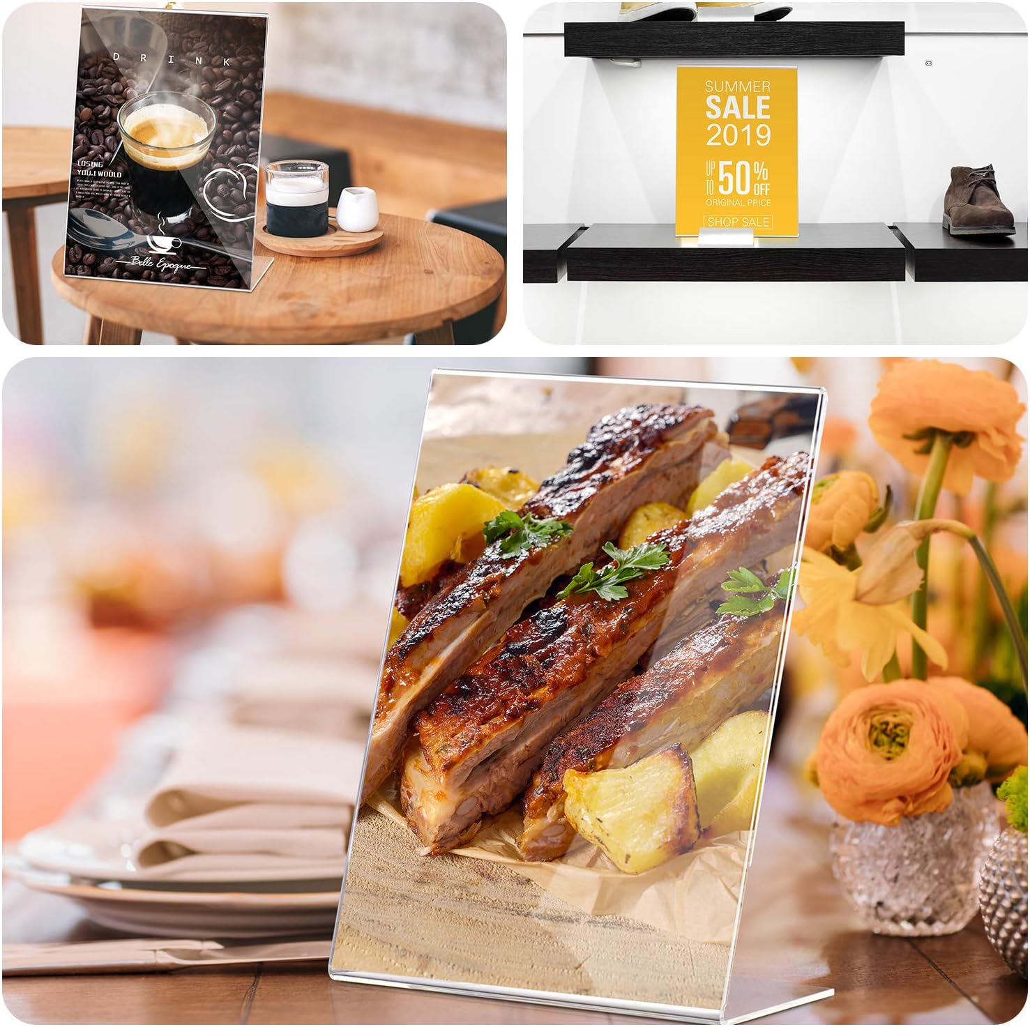TWING Table Sign Display Holder Slant-Back Design Ad Picture Frame, Brochure Holder Clear Acrylic 5x7 inches Table Menu Stand Card Display Pack of 3
