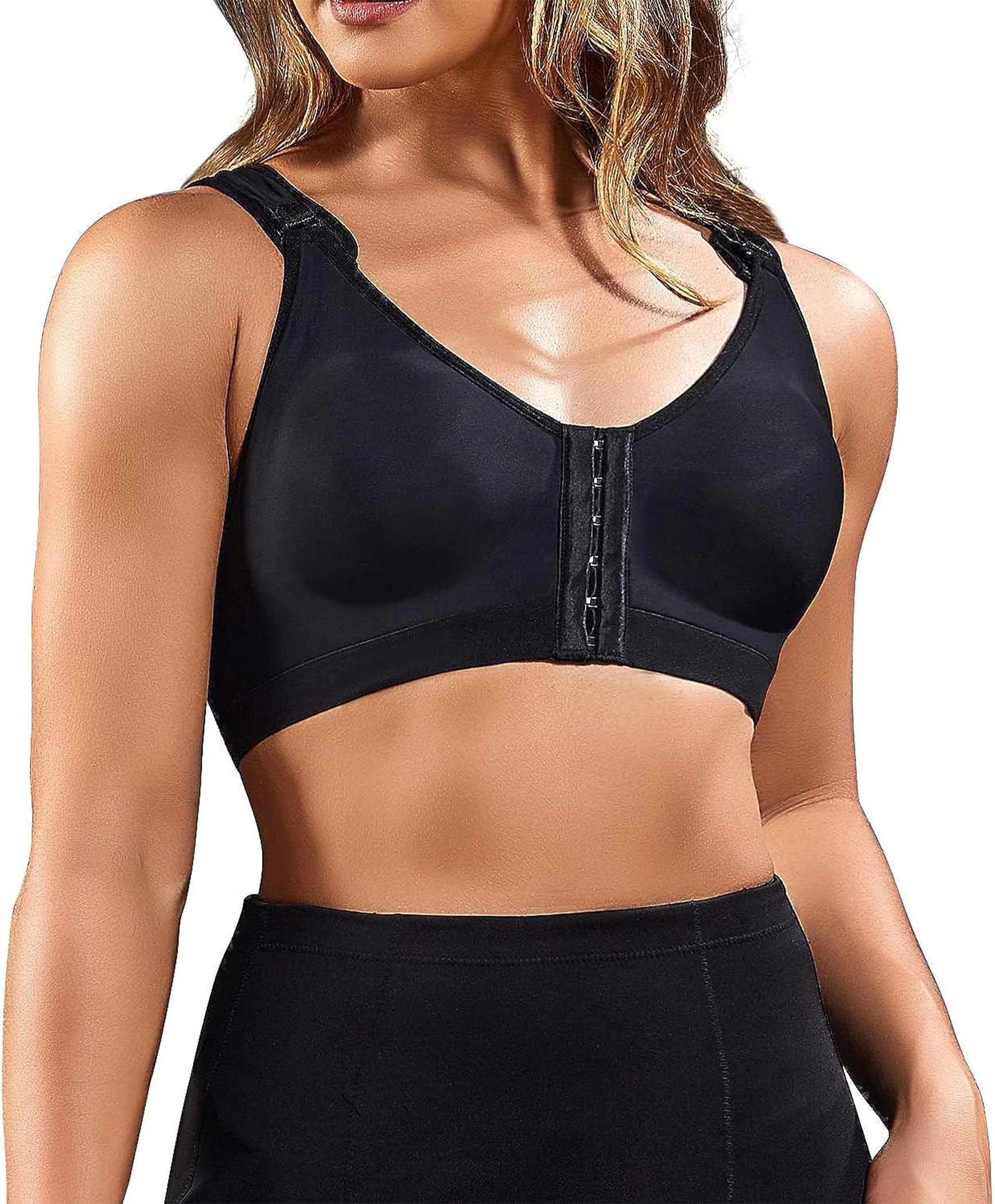 BRABIC Women Post-Surgical Sports Support Bra Front Closure with Adjustable Straps Wirefree Racerback (Black, 2XL (fit for 40B 40C 42A 42B))