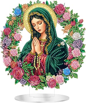 Zariocy 5D Tabletop Diamond Art Kits for Adults Special Rhinestone Double Sided Virgin Mary Desk Ornament, DIY Home Stand Up God Diamond Painting Acrylic Board Craft Kit 8x8 inch