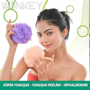 WONKEY - Bath and Shower Fiber, Soft Body Wash Fiber, Mixed Color Bath Pouch Pack of 2