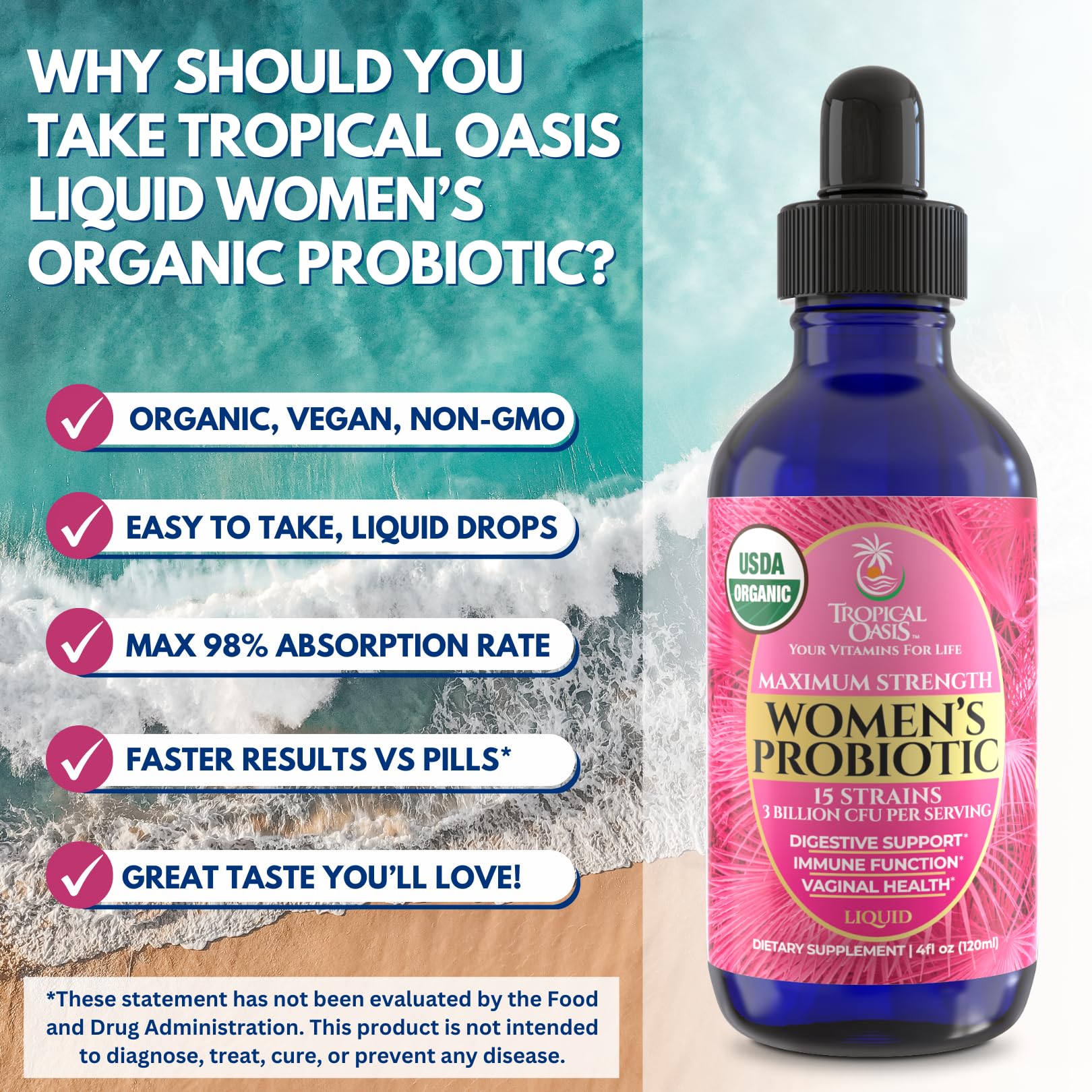 USDA Organic Liquid Probiotic for Women | PH Balance, UT, & Feminine Health | Digestive Support, Immune & Gut Health | 15 Clinically Studied Strains | 98% Absorption | Vegan, Non-GMO | 40 Servings — Amazon image 6