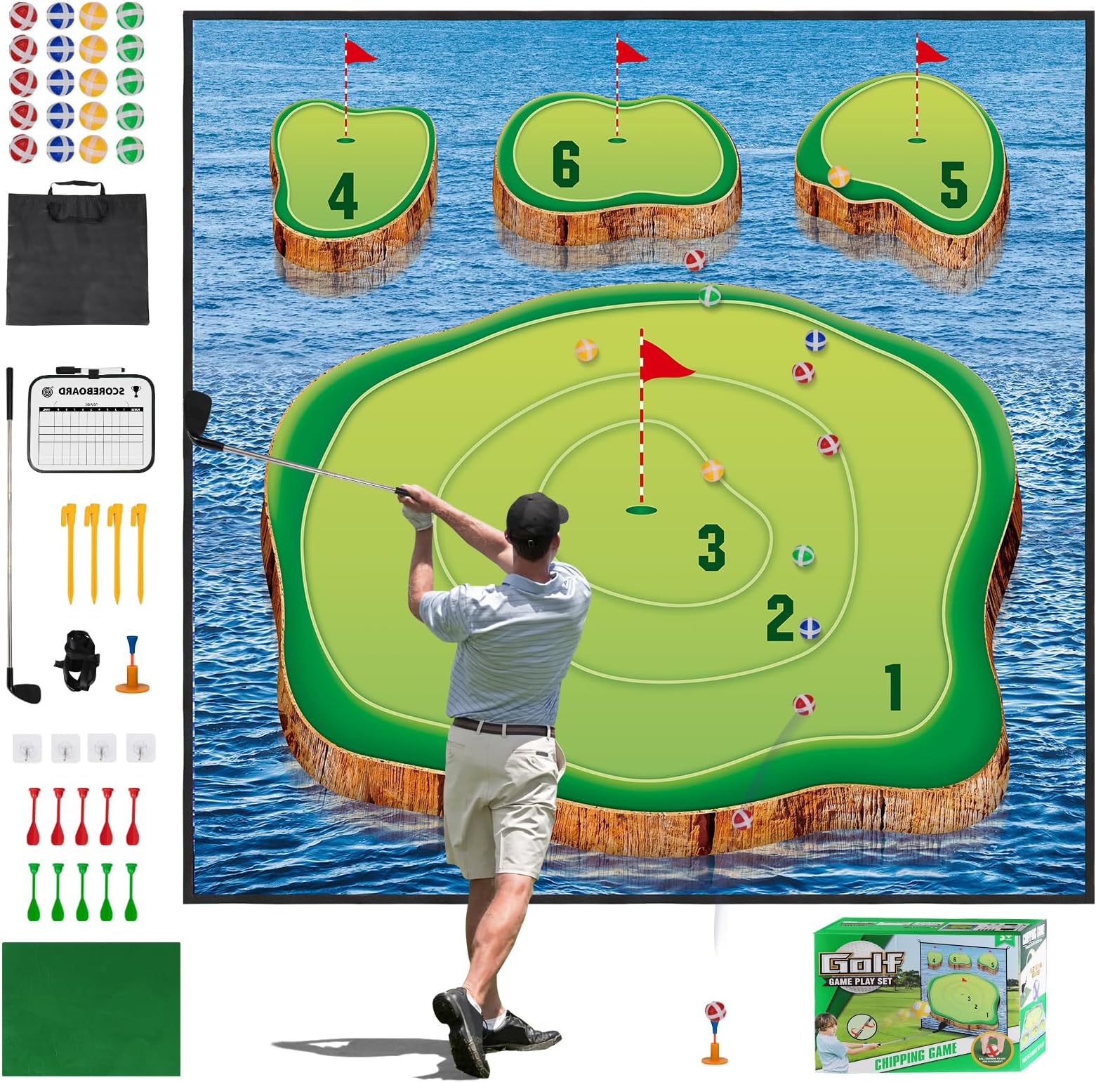 FINCOMEGolf Chipping Game Mat Set, Golf Hitting Training Mat Practice Outdoor Indoor for Adults Family, Kids Outdoor Play Equipment, Stick Chip Golf Games for Backyard Office Home (70.1 * 70.1in)