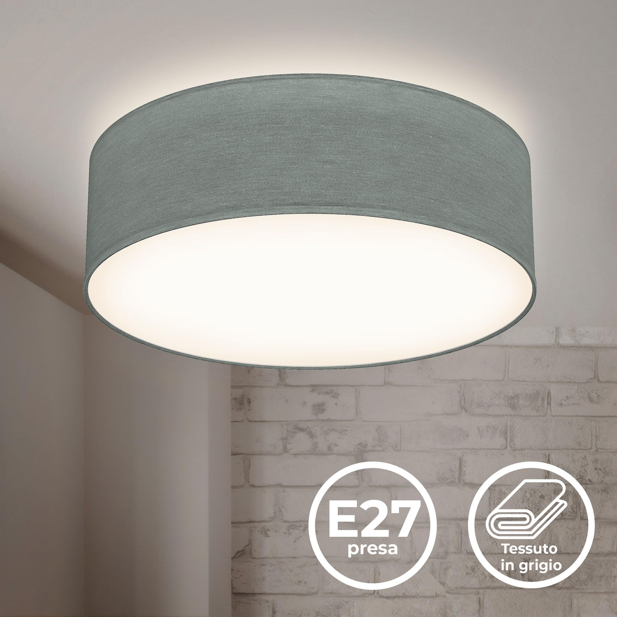 B.K.Licht - Plafoneria con paralume in tessuto, attacco E27, max. 40 watt, lampada soffitto, plafoneria soffitto, plafoniere da soffitto, plafoniera camera da letto, plafoniere, 30x10 cm, grigio