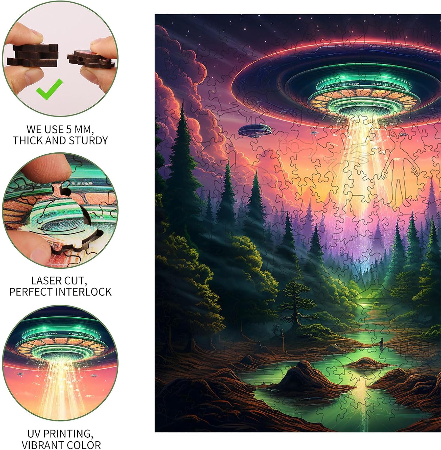 Wooden Jigsaw Puzzle for Adults, UFO Alien Landscape Puzzles, Brain Challenging Shaped Puzzle for Game Night Family Friends,Thanksgiving Gift (Earthly Encounter)