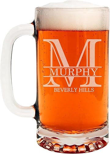 Miniatura 165 de Taza de cerveza de vidrio con monograma grabado de 16 onzas (letra T), regalos de cerveza personalizados de la A-Z para hombres, Día del Padre