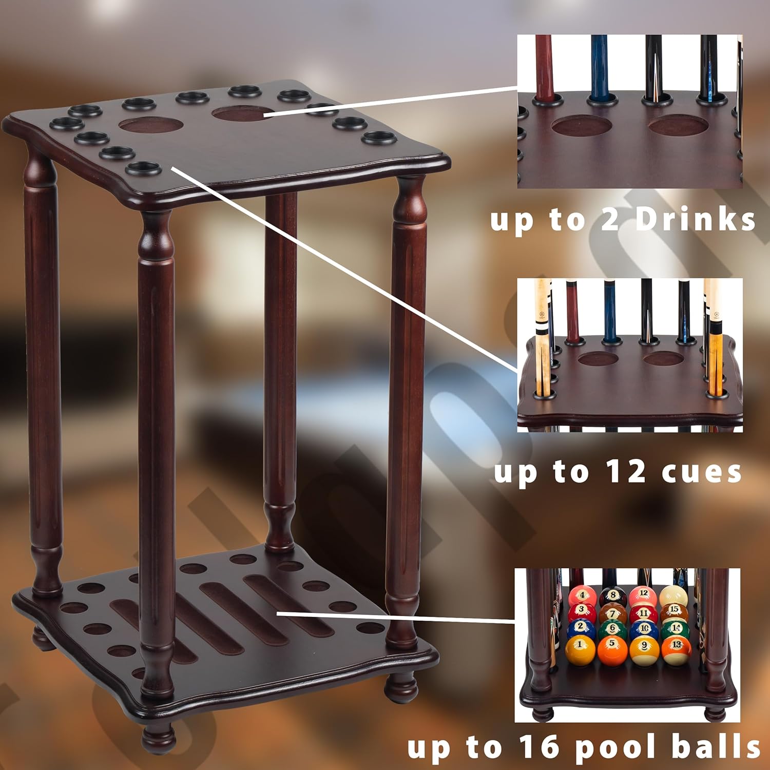 Collapsar Pool Stick Holder Floor Stand,Pool Cue Rack Holds Cue Stick & Billiard Accessiores,Solid Wood Corner Stand Pool Cue Holder