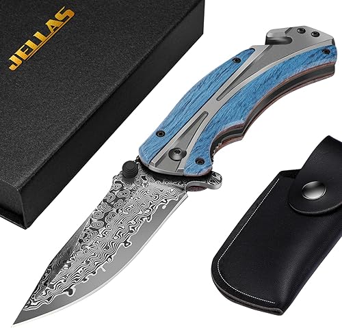 Cuchillo de bolsillo de Damasco para hombres, cuchillo plegable para exteriores, cuchillos tácticos para caza, pesca, campamento, hoja de acero de