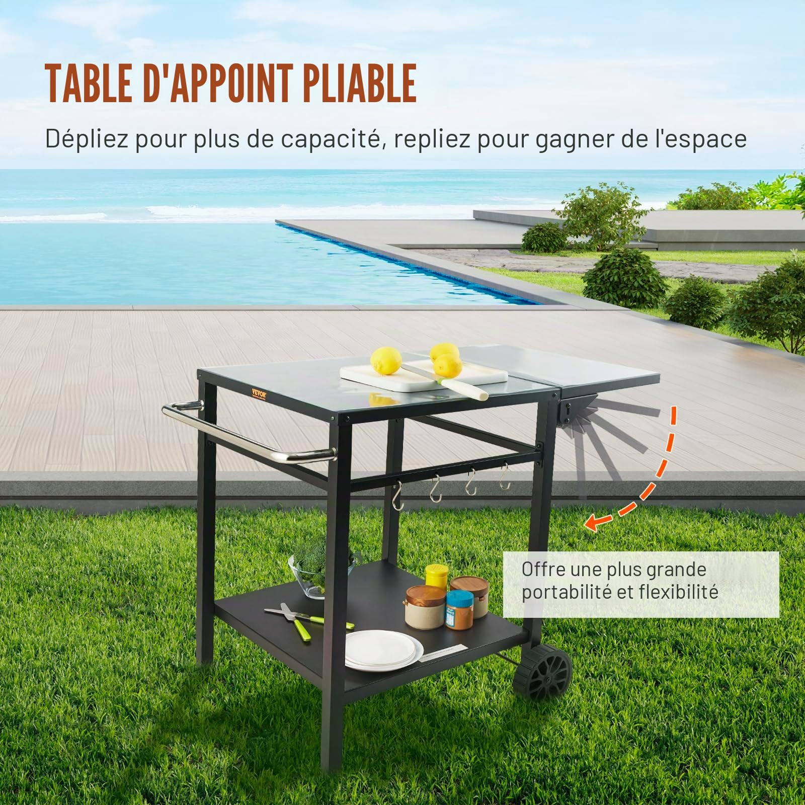 VEVOR Desserte Plancha à 2 Niveaux Chariot de Barbecue avec Plan de Travail Pliable Table de Barbecue sur Roulettes pour Four à Pizza Préparation de Cuisine BBQ Jardin Extérieur 87,5 x 55 x 75,5 cm