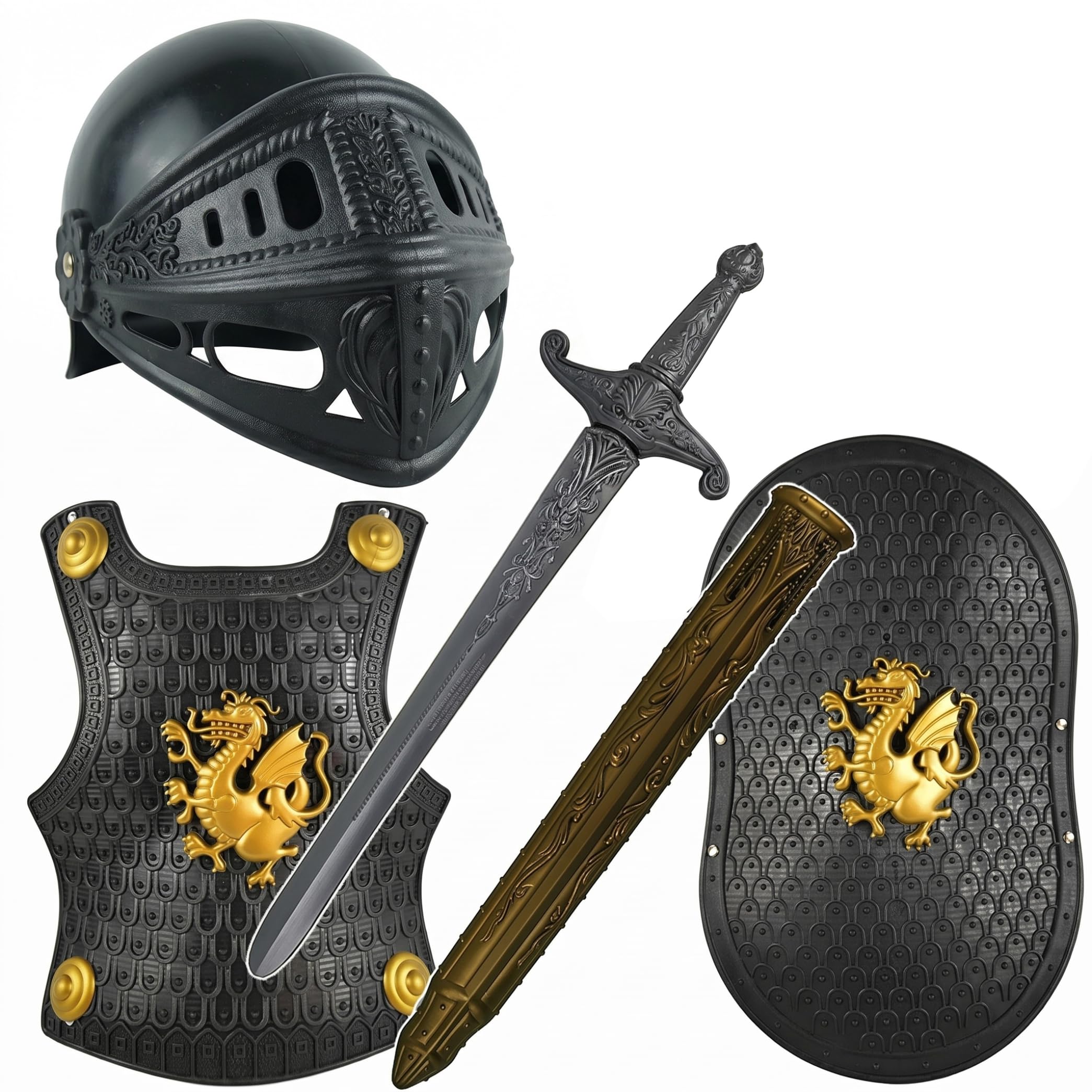 Costume da cavaliere per ragazzi, set di armature per bambini a tema drago, con casco, scudo e spada, nero