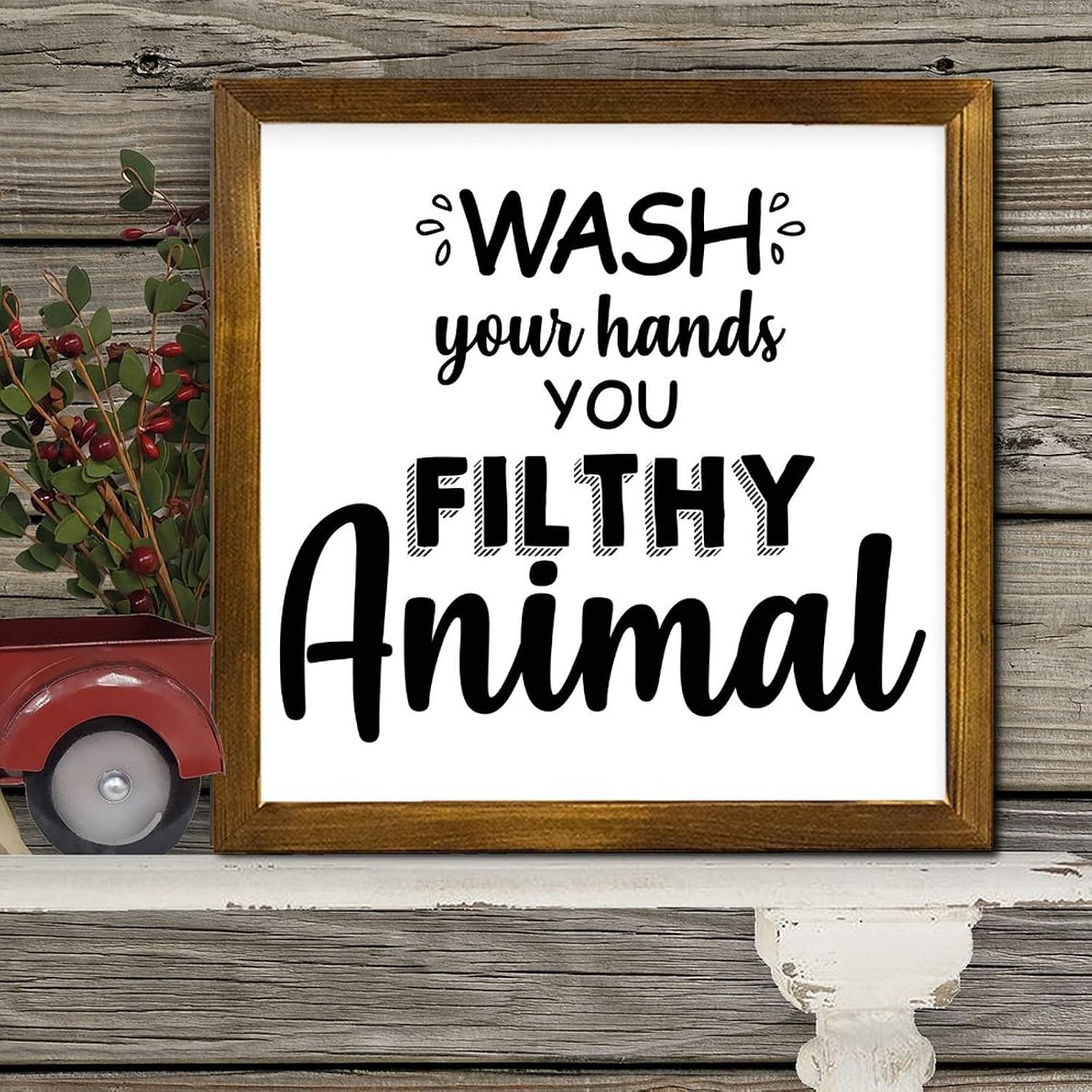 Wash Your Hands You Filthy Animal Framed Wood Signs Family Prayer Hanging Wood Sign Classic Wooden Wall Art Decor for Home Front Door Entryway Porch 12x12 Inch