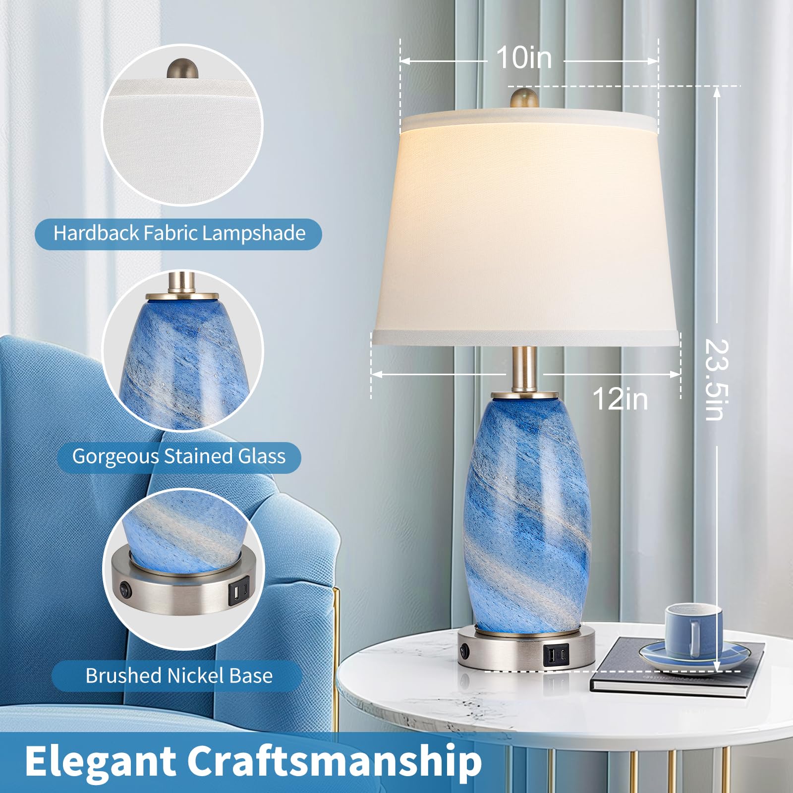 Lovlast Blaue Lampen 2er Set für Schlafzimmer & Nachttisch mit 3-Wege-Beleuchtungsmodi & USB C+A - Moderner Stil Glas Nachttisch Tischlampen für Wohnzimmer & Schlafzimmer Dekoration (59.7 cm H)