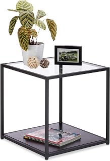 Relaxdays Mesa Auxiliar Cuadrada con Dos Baldas, Cristal-DM-Metal, Negro-Marrón, 50 x 50 x 50 cm