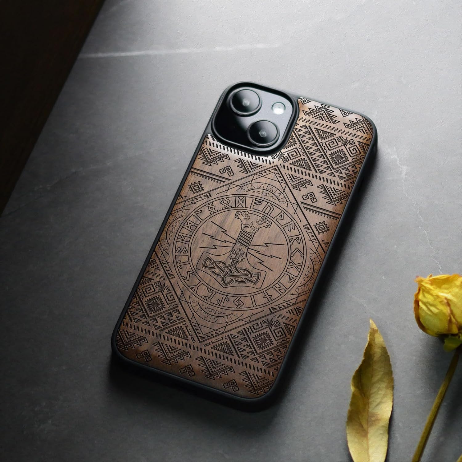 Carveit Magnetic Wooden Case for iPhone 15 Case, Compatible with MagSafe Wireless Chargers, Black Soft TPU Shockproof Cover & Wood Artisan Engraved (Norse Resonance - Mjollnir) - Walnut
