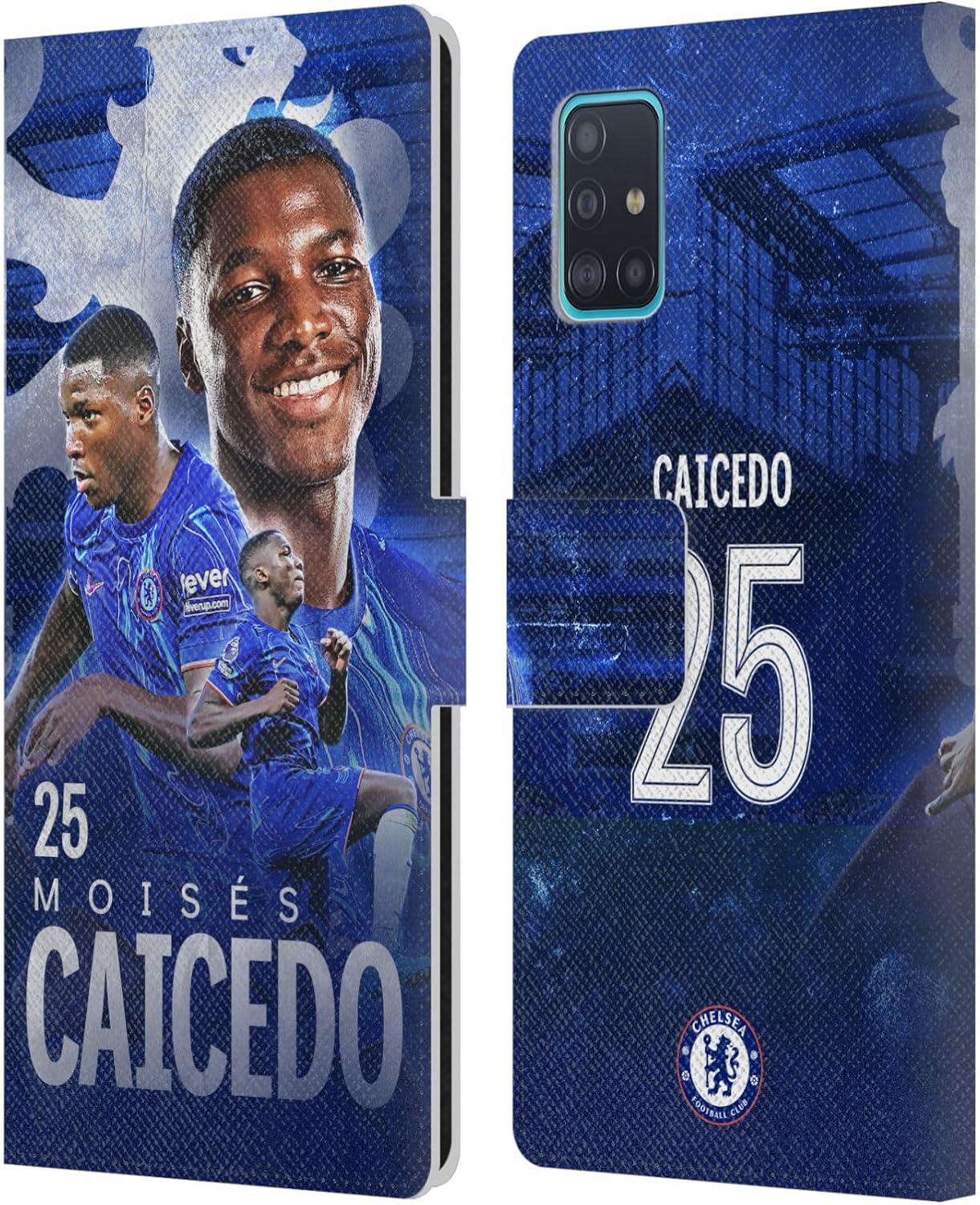 Head Case Designs Officially Licensed Chelsea Football Club Moisés Caicedo 2024/25 First Team Leather Flip Case Compatible with Samsung Galaxy A51 (2019)