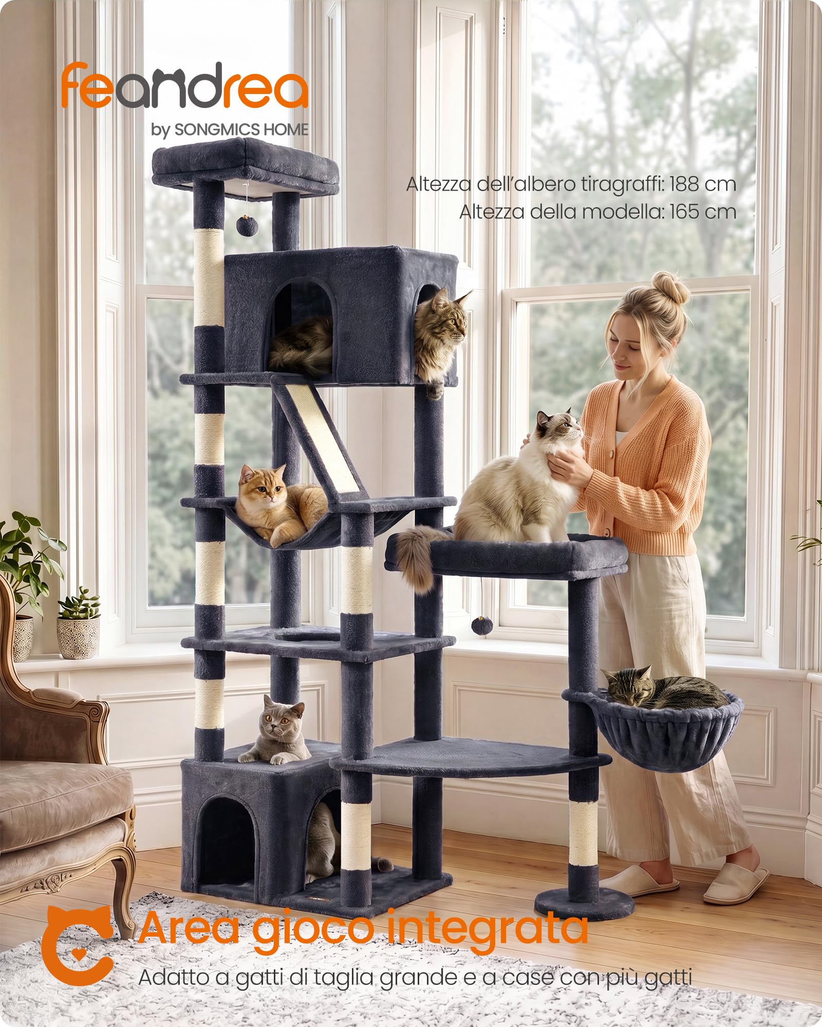 Feandrea Albero per Gatti, Tiragraffi Multilivello in Sisal con 6 Aree Riposo, Torre Stabile per Gatti Grandi, 105 x 45 x 188 cm, Grigio Scuro, Collezione Clawfy PCT016G201