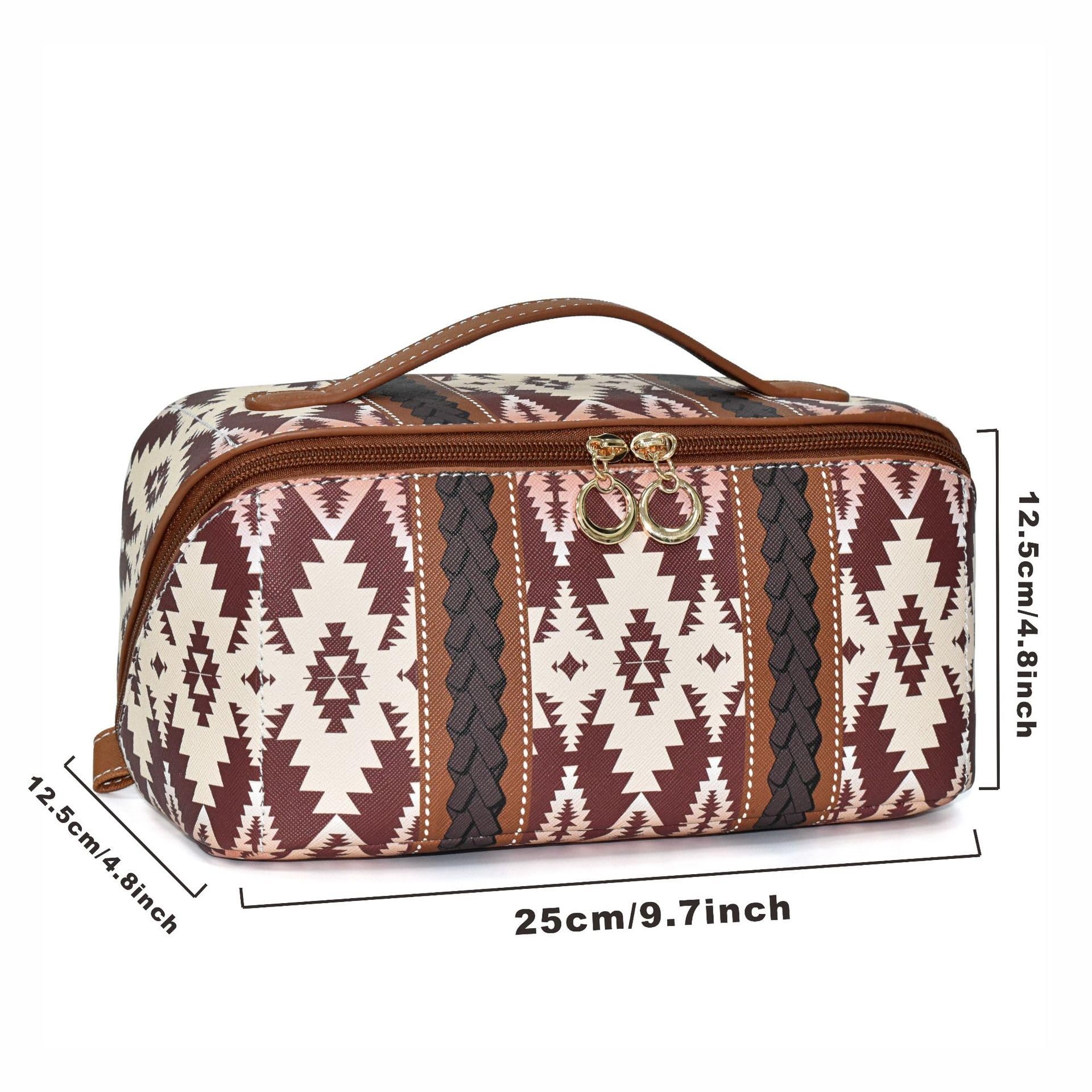 Neceser Maquillaje Bolsa de Maquillaje Estilo Bohemio con diseño de Bloques de Colores, versátil y Abierta con Divisor. Viaje(Light Brown)