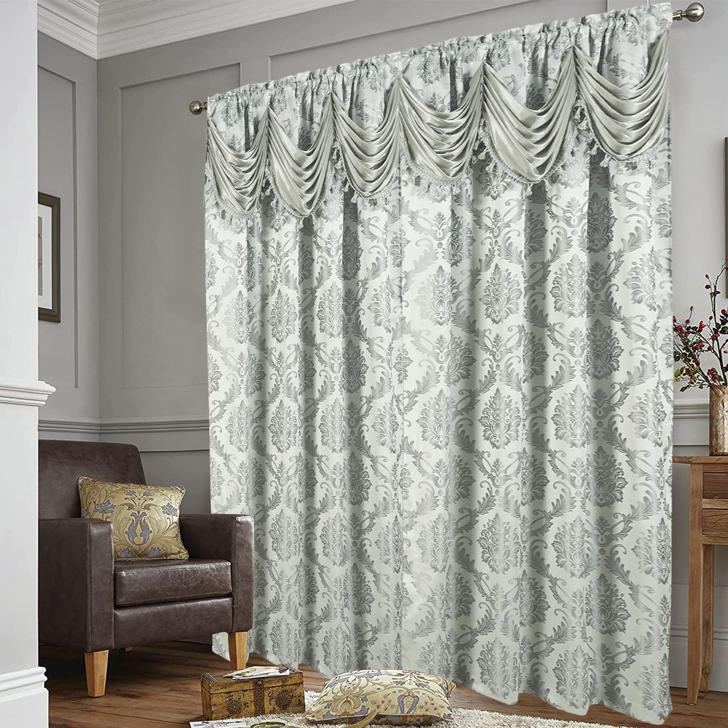 DreamField Linen Jacquard Window Curtains for Living Room and Bedroom 54 W x 84 L Inches - 2 Panel Set with Attached Valance, Backing and 2 Tie Backs Long Elegant Fancy Design Cortinas para Sala
