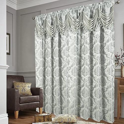 Miniatura 3 de Lujosas cortinas de jacquard para ventana, juego de 2 paneles con cenefa adjunta con respaldo transparente y dos alzapaños de 108 x 84 pulgadas de
