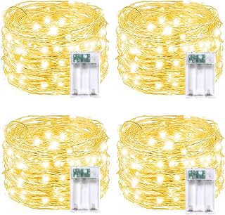 4 Pack Fairy Twinkle Lights Battery Operated, 20FT 60 LED Waterproof, Silver Copper Wire with Timer for Christmas Wedding Patio Party Indoor Outdoor, Warm White