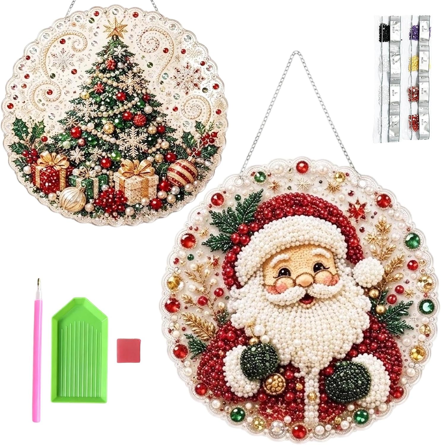 MTZK 2PCS Christmas Pearl Diamond Painting Suncatcher Kit，DIY Craft, Beaded Acrylic Craft Set for Adults & Teens, Creative Xmas Tree Pendant Gift