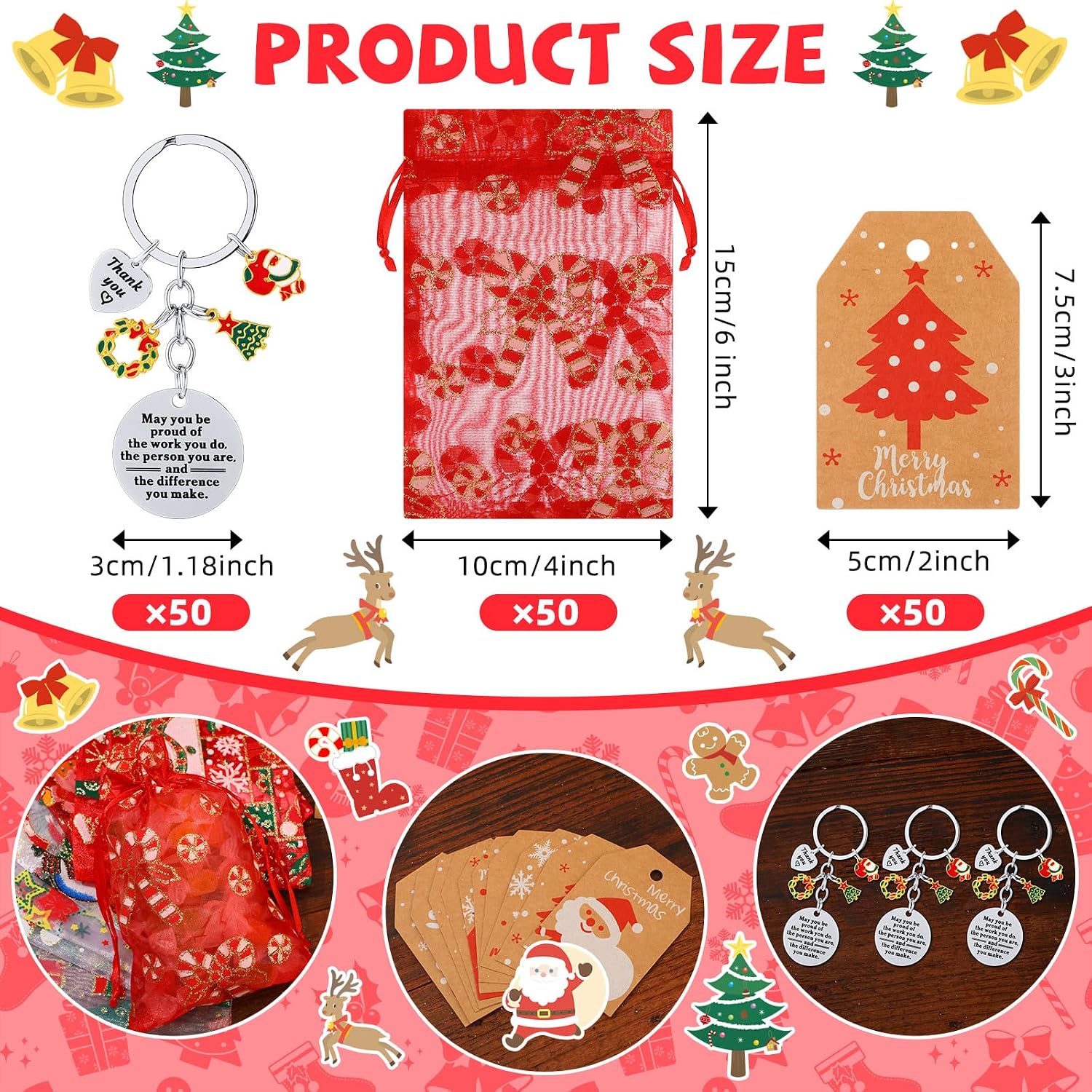 150 Pcs Christmas Employee Appreciation Gifts for Coworker Thank You Keychains Gifts with Organza Bags Thank You Cards (Santa)