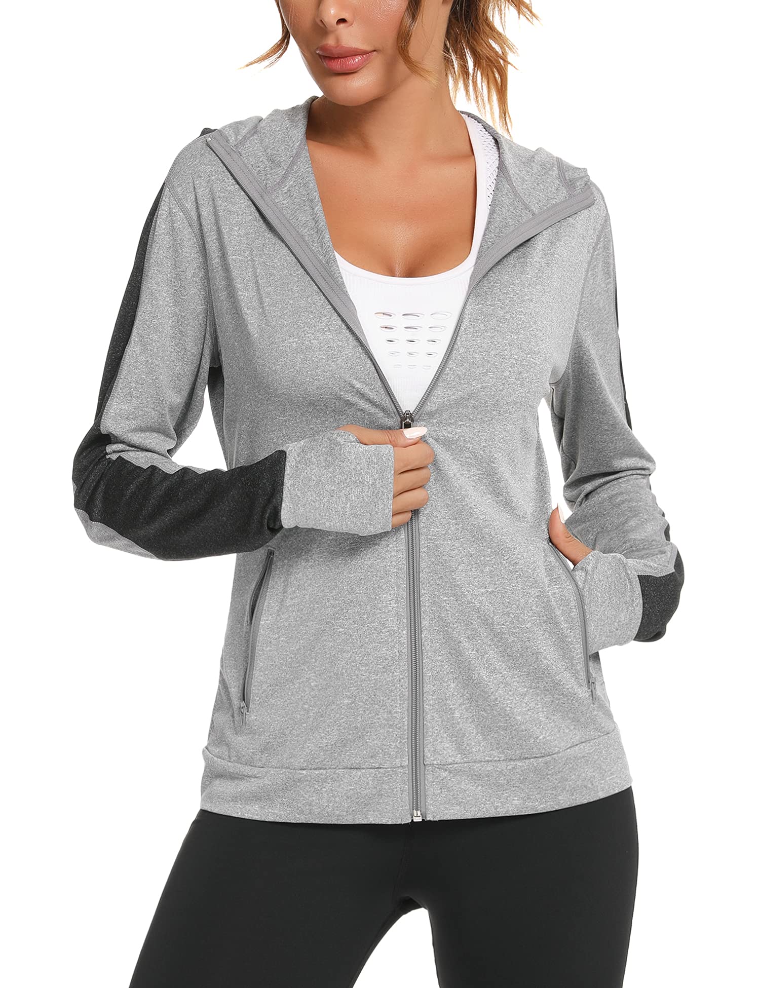 Damska kurtka do biegania, sportowa kurtka z długim rękawem, kurtka treningowa, bluza z kapturem, oddychająca, z otworem na kciuk i kieszenią, do biegania, jogi, fitnessu, szary, M