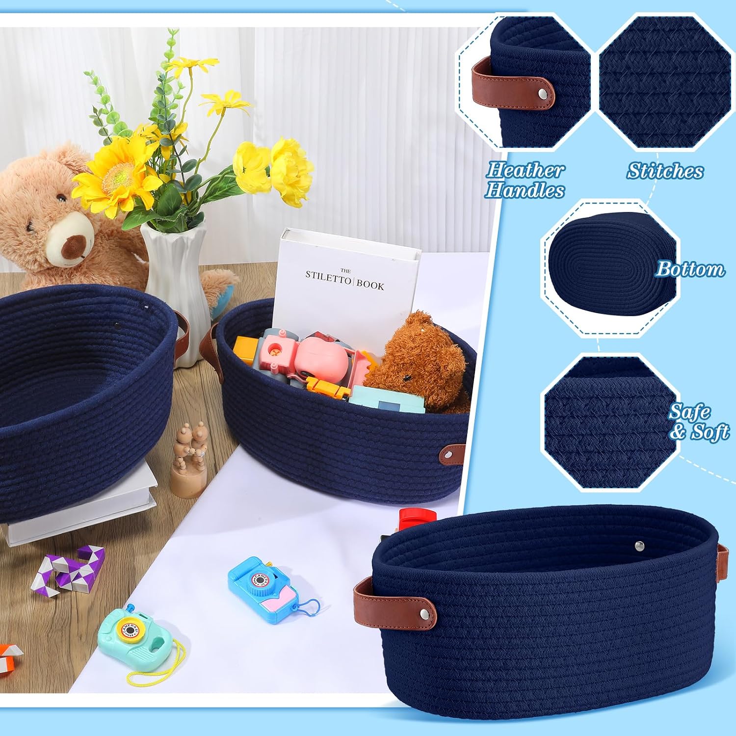 Colingmill 2 Pack Graduation Woven Baskets for Gifts Empty with Handle Graduation 12 x 8 x 5 Inch Small Holiday Basket with Bags and Ribbons Empty Organizer for Wedding Birthday Gift(Navy Blue)