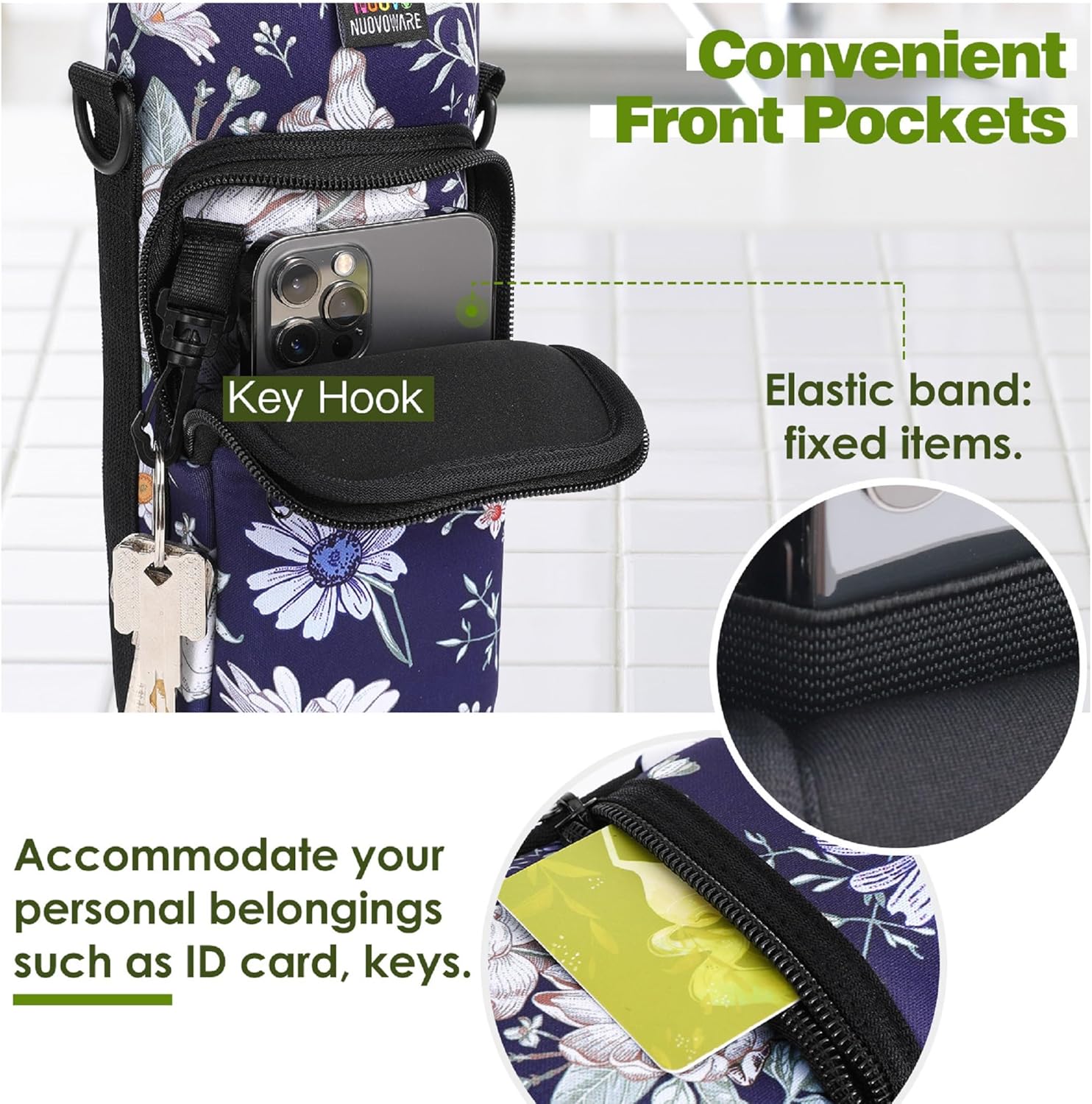 Nuovoware Water Bottle Carrier Bag,25oz/40oz/64oz Bottle Pouch Holder,Adjustable Shoulder Hand Strap 2 Pocket Sling Neoprene Sleeve Sports Accessories for Hiking Travelling Camping - Image 2