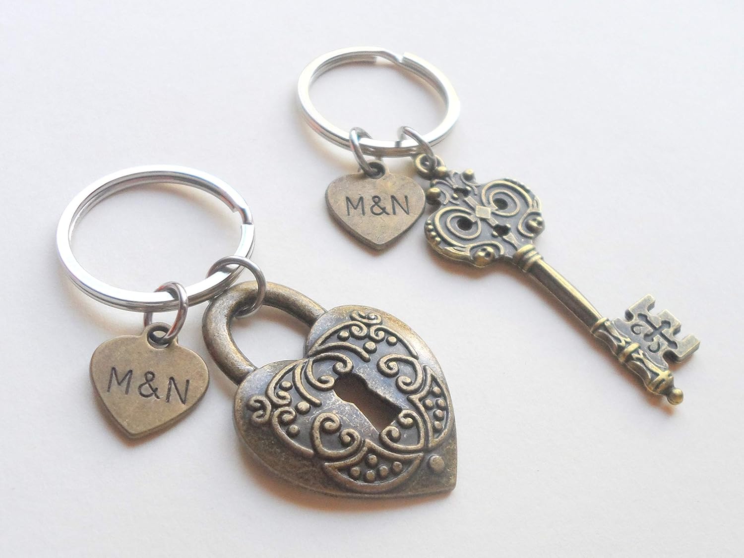 Custom Bronze Key & Lock Keychains with Stamped Tags for Couples Initials, Anniversary Gift Keychain - Image 2