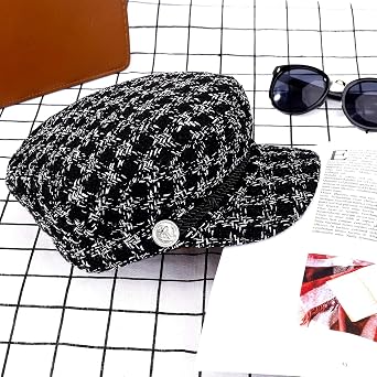 Ladies Houndstooth Cap Women's Short Brim Visor Beret Fashion Casual Hat Retro British Style Elegant Winter Flat Hats for Women ('6 7/8-7 1/8') Black 1 Piece